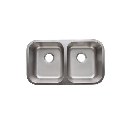 Double Bowl Kitchen Sink, Under Mount, 32 x 18-1/2 in, 8 in Bowl Depth, 18 ga Satin Steel, Stainless