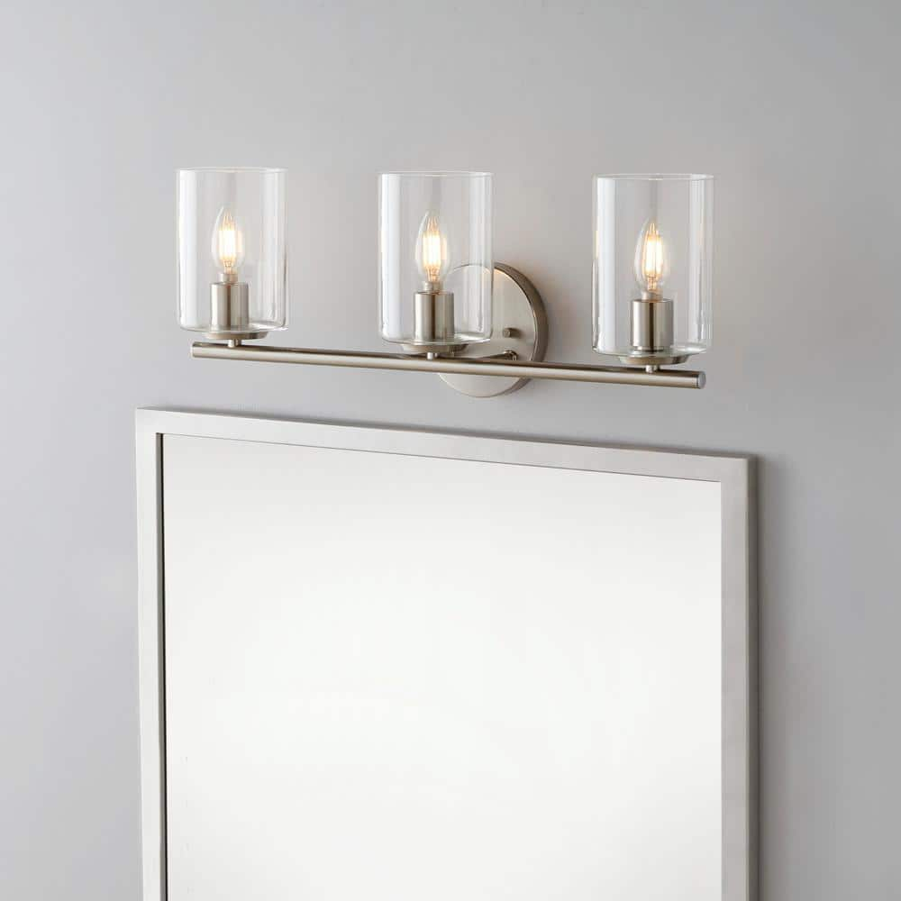 Champlain 22.375 in. 3-Light Brushed Nickel Modern Bathroom Vanity Light with Clear Glass Shades