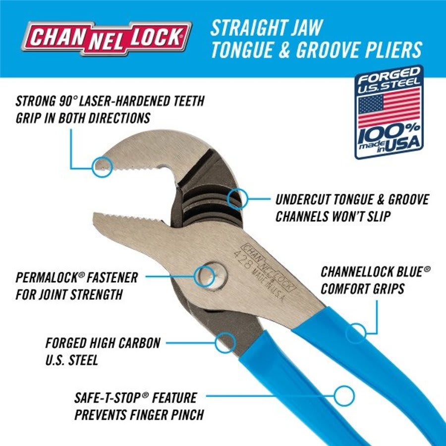 8 in, Tongue & Groove, Straight Jaw, SAFE-T-STOP®