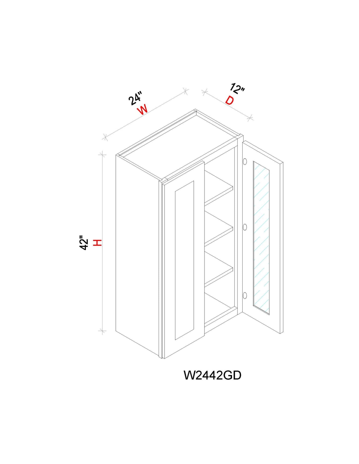 Wall Cabinet - 24"W x 42"H x 12"D Glass Door Only